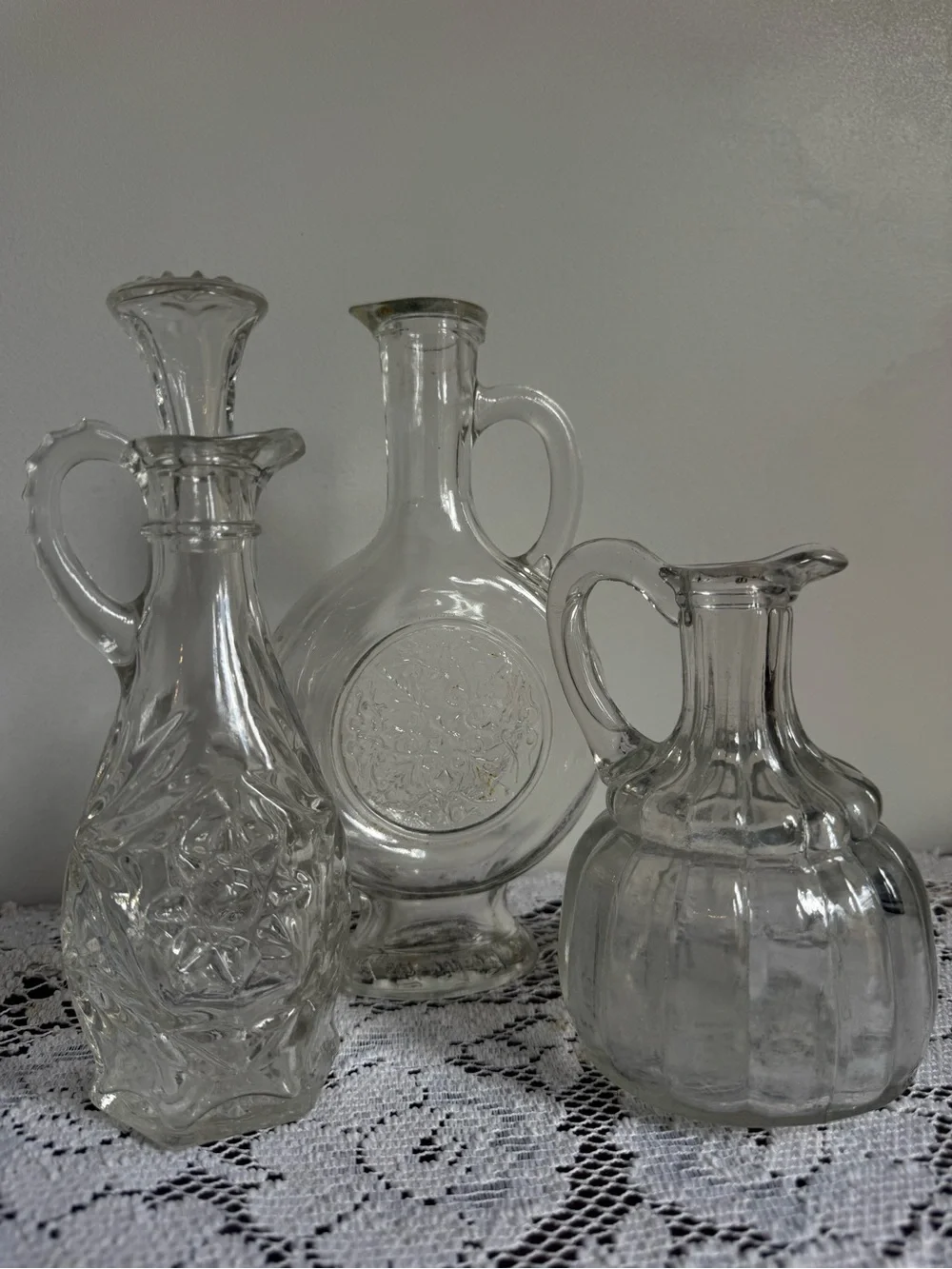Set of Three Clear Decorative Glass Decanters Potion Bottles Cottage Core